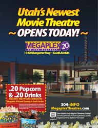 The advertisement features an architectural drawing of the theater with a coupon for twenty-cent popcorn and drinks. - , Utah